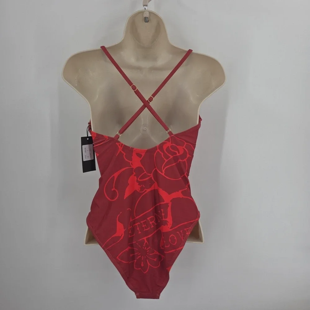 Y2K Ed Hardy Swimsuit Women L Red Love Kills Slowly One‎ Pc Tattoo Skull Graphic